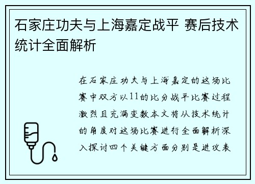 石家庄功夫与上海嘉定战平 赛后技术统计全面解析