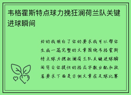 韦格霍斯特点球力挽狂澜荷兰队关键进球瞬间 韦格霍斯特点球力挽狂澜荷兰队关键进球瞬间