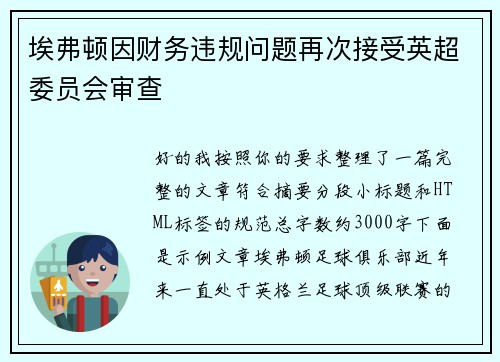 埃弗顿因财务违规问题再次接受英超委员会审查
