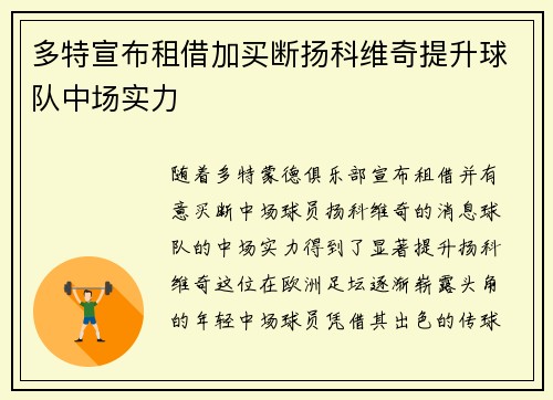 多特宣布租借加买断扬科维奇提升球队中场实力 多特宣布租借加买断扬科维奇提升球队中场实力